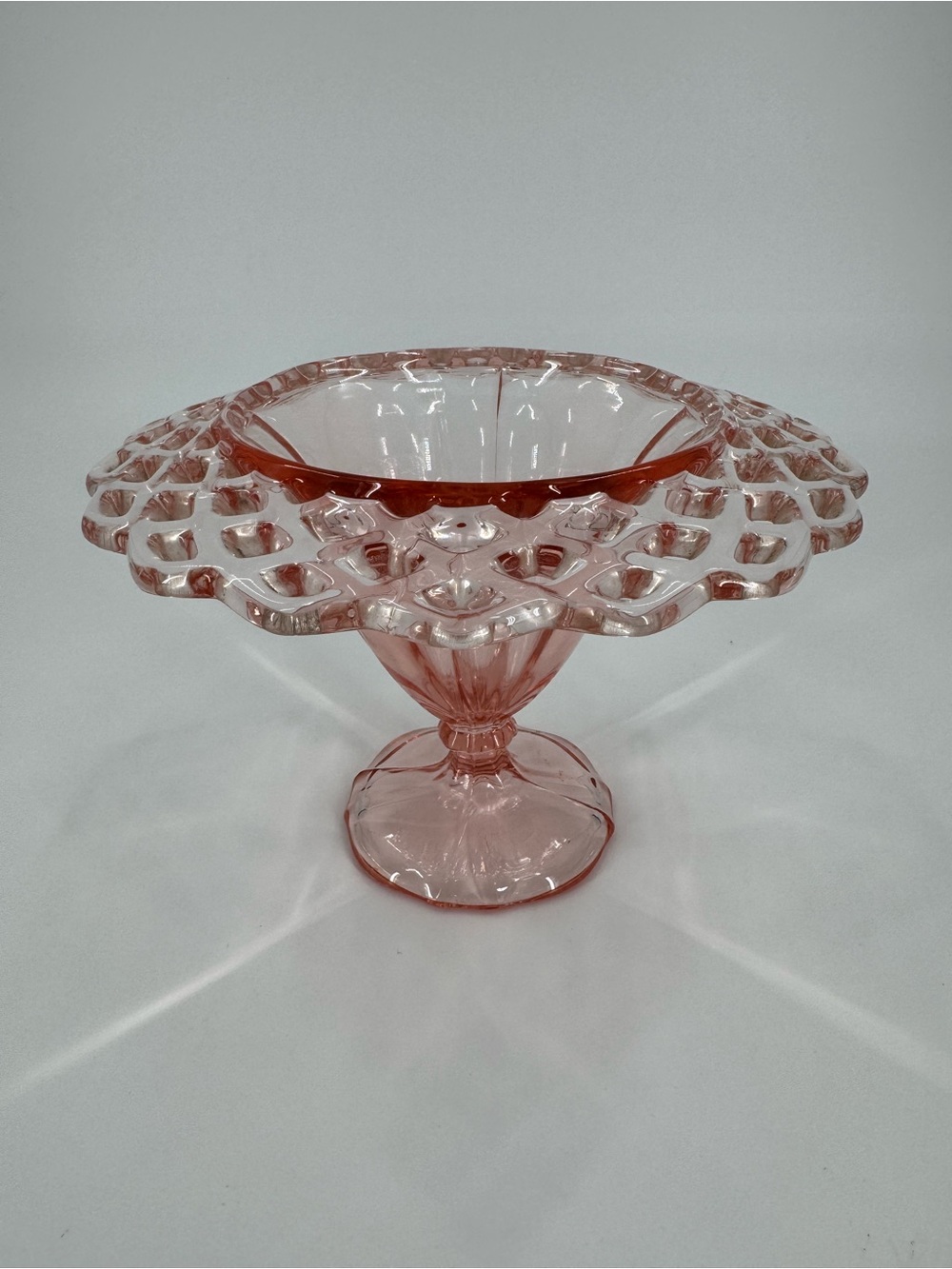 Vintage Anchor Hocking Old Colony Pink Depression Glass Lace Edge Compote